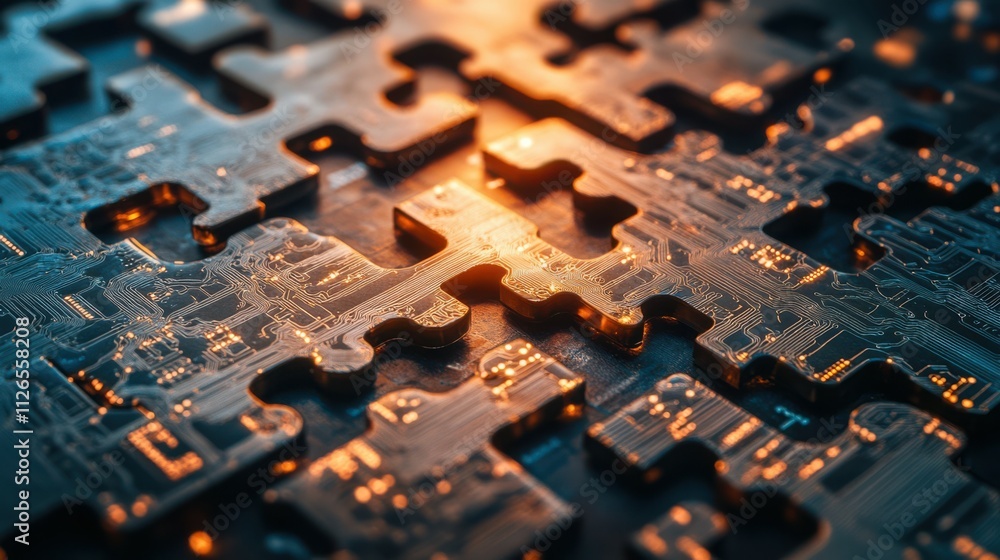 Poster puzzle pieces with circuit patterns symbolizing microservices integration.