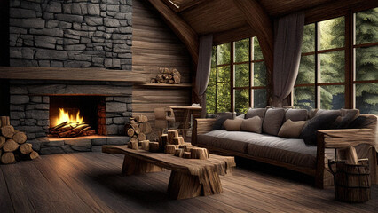 Living room with fireplace in rustic style with wooden roof, wooden sofa and dining table, there are small logs next to the fireplace, 3d rendering