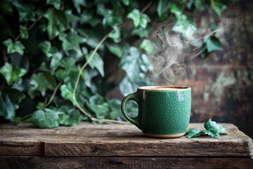A steaming coffee mug on a rustic wood plank, backed by ivy leaves