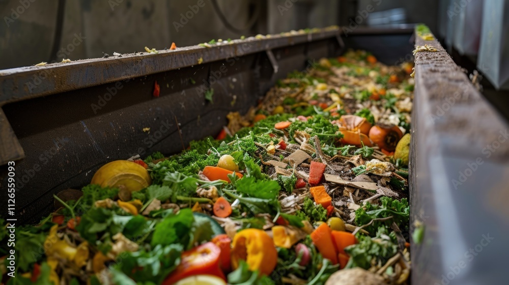 Poster in a corner of the factory a composting bin is filled with food and paper waste which is then transf