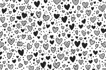 Fototapeta premium Seamless pattern of hand-drawn black hearts on white background; perfect for Valentine's Day, textiles, and romantic designs.