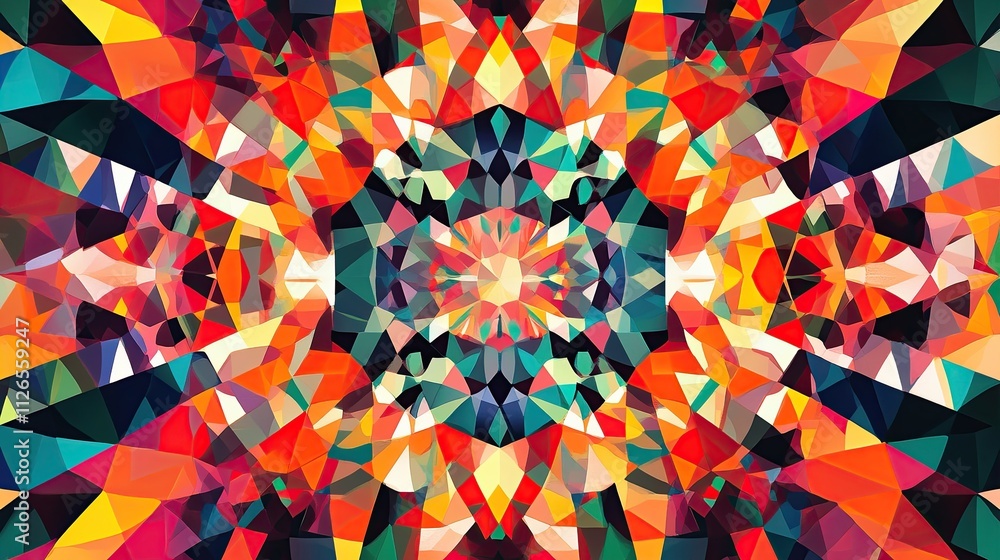 Poster a kaleidoscope of overlapping geometric shapes and patterns in vibrant colors, symbolizing the fusio