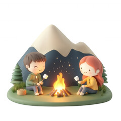 A cozy camping scene with two friends roasting marshmallows by a campfire., isolated on a transparent background.