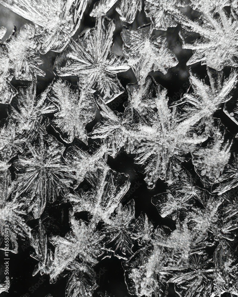 Poster icy, frosty pattern on the window glass. background for christmas and new year. macro. close up