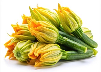 Panoramic Fresh Zucchini Blossoms, White Background, Isolated Flower, Blooming Vegetable, Summer Harvest, Edible Flowers, Garden Produce, High Resolution Image