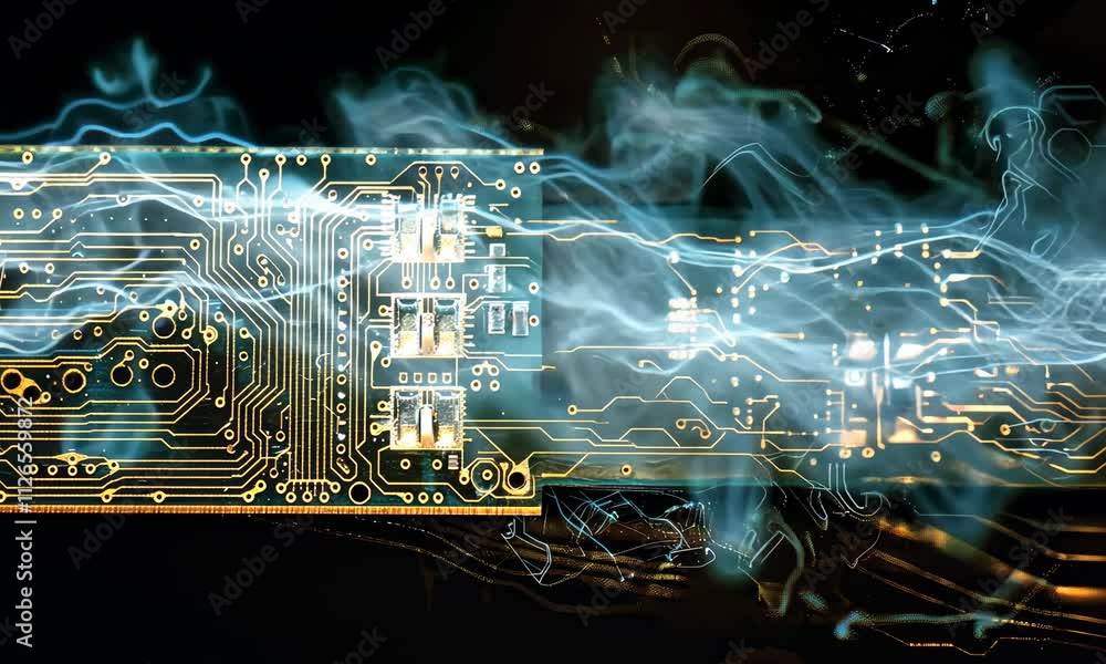 Poster circuit board with dynamic energy lines symbolizing power flow and connectivity