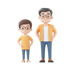 Fototapeta premium A father and son character duo smiling, wearing casual clothes, showcasing friendship., isolated on a transparent background.