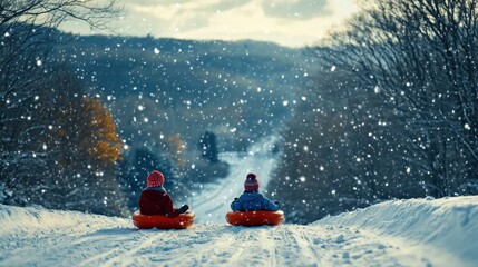Children laughing as they sled down a snowy hill on New Year s Day selective focus, playful theme, vibrant, manipulation, winter hill backdrop