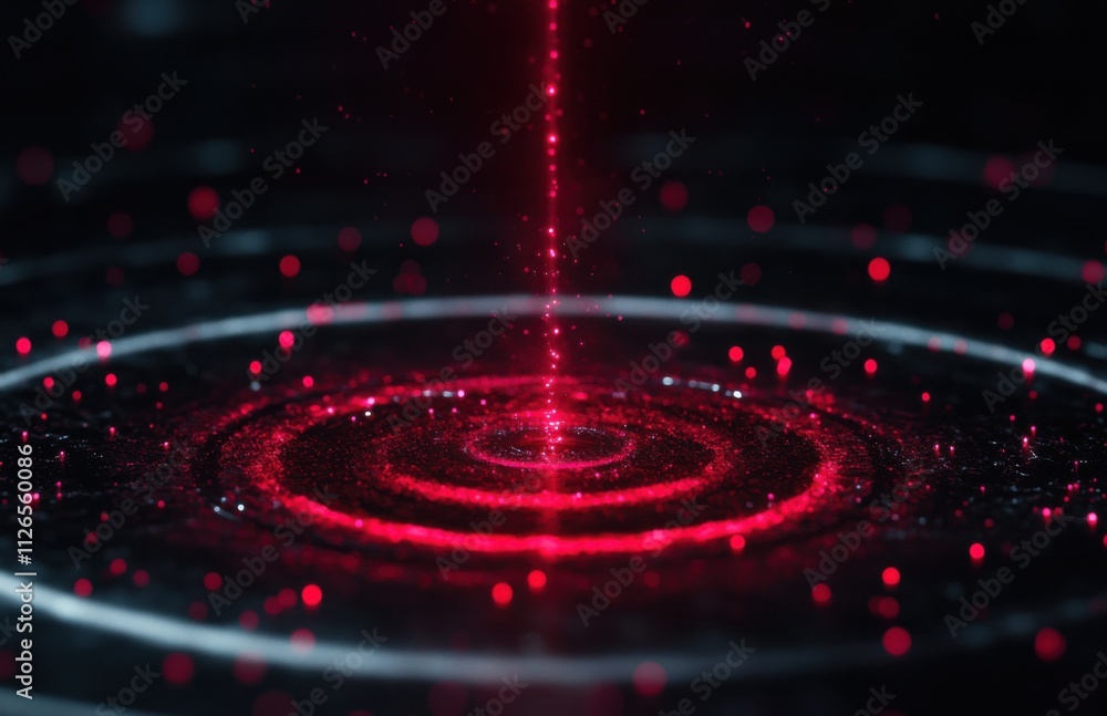 Poster A red laser beam shines on the black circular stage, creating spiral ripples of light and particles in the air. The center is surrounded by red laser beams with particle effects.