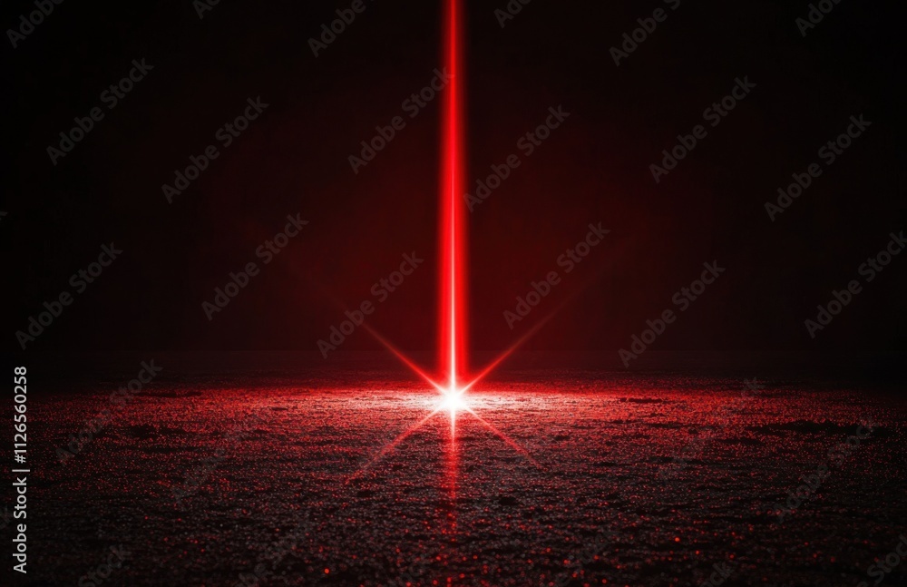 Poster A red laser beam falling on the ground, glowing in the dark. The light reflects off its surface, creating glare and a symmetrical composition with a cinematic, hyper-realistic effect.