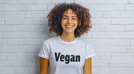 Celebrating the joy of a vegan lifestyle with a radiant young woman in an organic cotton t-shirt