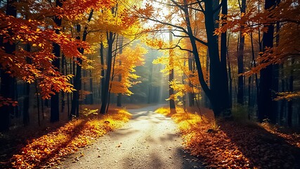 Autumnal Path Through Sun-Dappled Forest with Golden Leaves