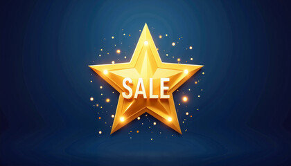 Golden star with "SALE" text and sparkling lights on a dark background for promotional marketing events