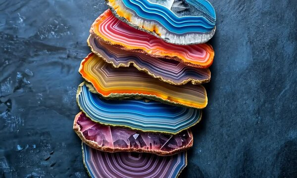 Vibrant, polished agate slices against textured, blue backdrop