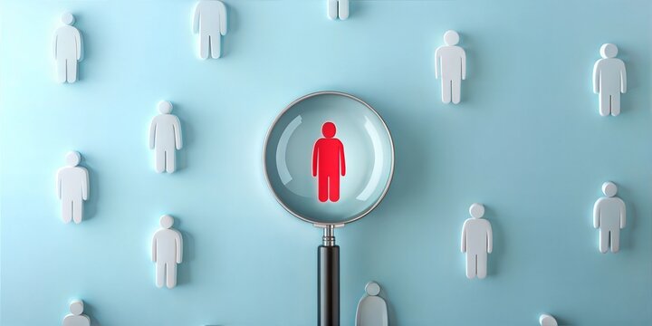 Magnifying glass highlighting a red figure among white ones on a blue background.
