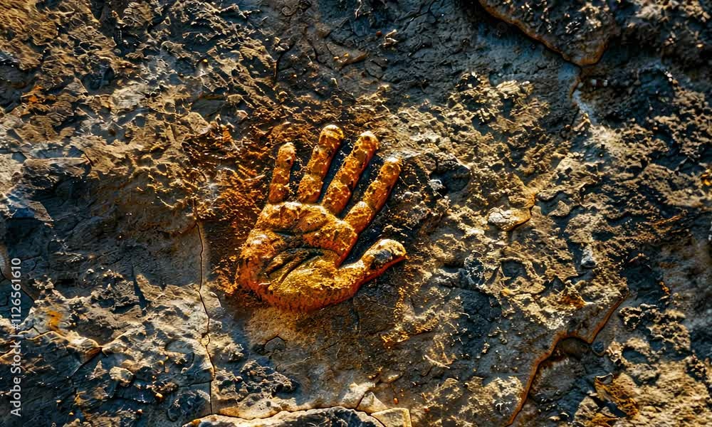 Poster handprint fossil impression on rough textured stone surface