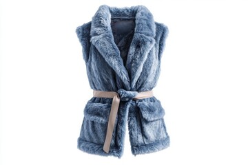 Sleeveless faux fur vest in blue with sash belt on white background