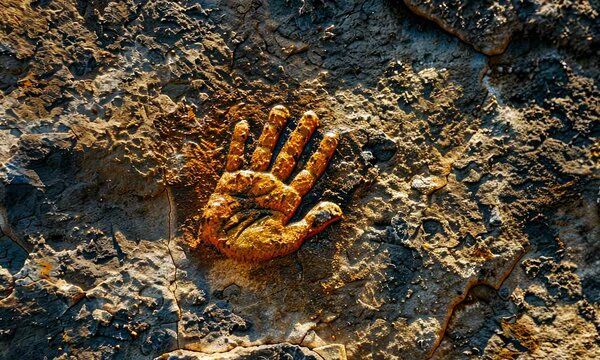 Handprint fossil impression on rough textured stone surface
