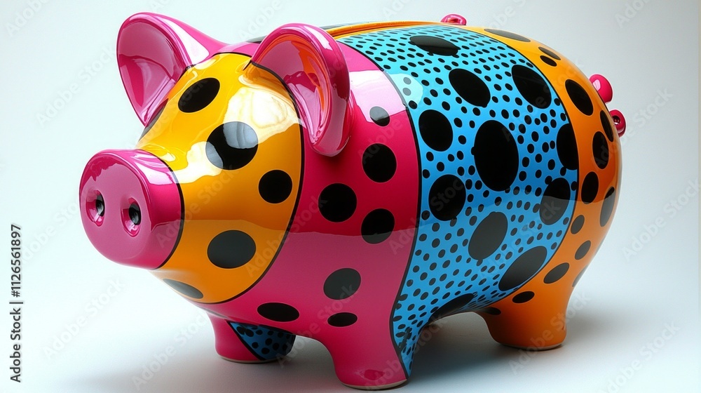Poster bold and playful piggy bank features vibrant colors and graphic patterns creating energetic design i