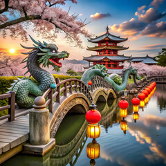 Fototapeta premium Twin dragon statues stand majestically at a bridge entrance