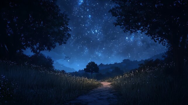 A serene night landscape with a starry sky and a winding path through lush greenery.