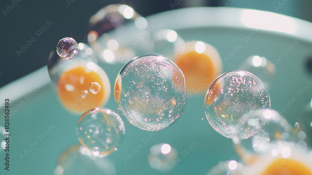 Poster colorful bubbles floating above a surface in a bright and vibrant setting