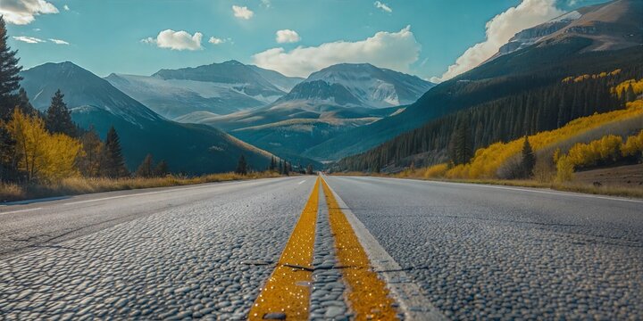 Scenic mountain road with yellow dividing lines, surrounded by autumn foliage and dramatic peaks under a blue sky. - Powered by Adobe