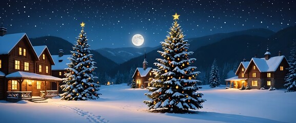 Christmas village in a starry night, lapland landscape, christmas village covered by snow with christmas trees, Santa Claus village wallpaper