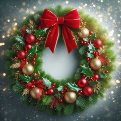 A festive Christmas wreath made of lush green pine branches decorated with red and gold ornaments, holly leaves, and a large red bow at the top. ai