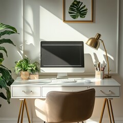 Modern home office setup urban environment digital workspace natural light minimalist style