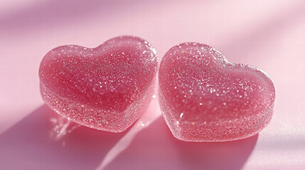 Fototapeta premium Two eart-shaped candies, plain pink background, st.valentine's day concept