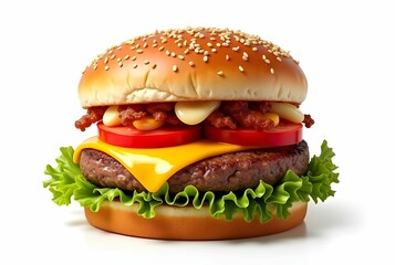 Delicious juicy hamburger on white background.