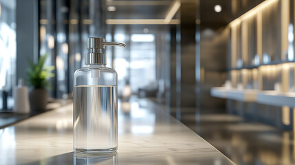 Clear liquid soap dispenser on a marble countertop in a modern bathroom setting