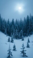 Obraz premium This enchanting image captures the beauty of a winter night, with a full moon illuminating a snow-covered forest. The contrast between the dark silhouettes of the trees and the bright moonlight create