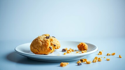 A partially eaten chocolate chip cookie rests on a simple white plate, crumbs scattered nearby.
