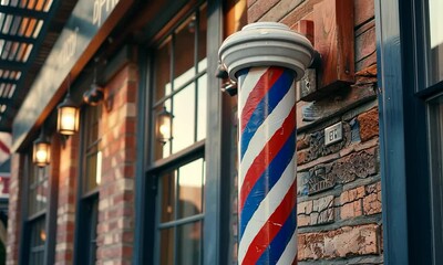 Vintage barber shop with iconic pole, brick facade