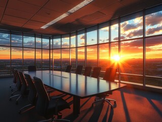 modern conference room with sunset view