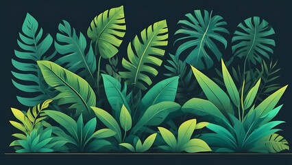 Lush Tropical Foliage Abundant Green Leaves Dark Background