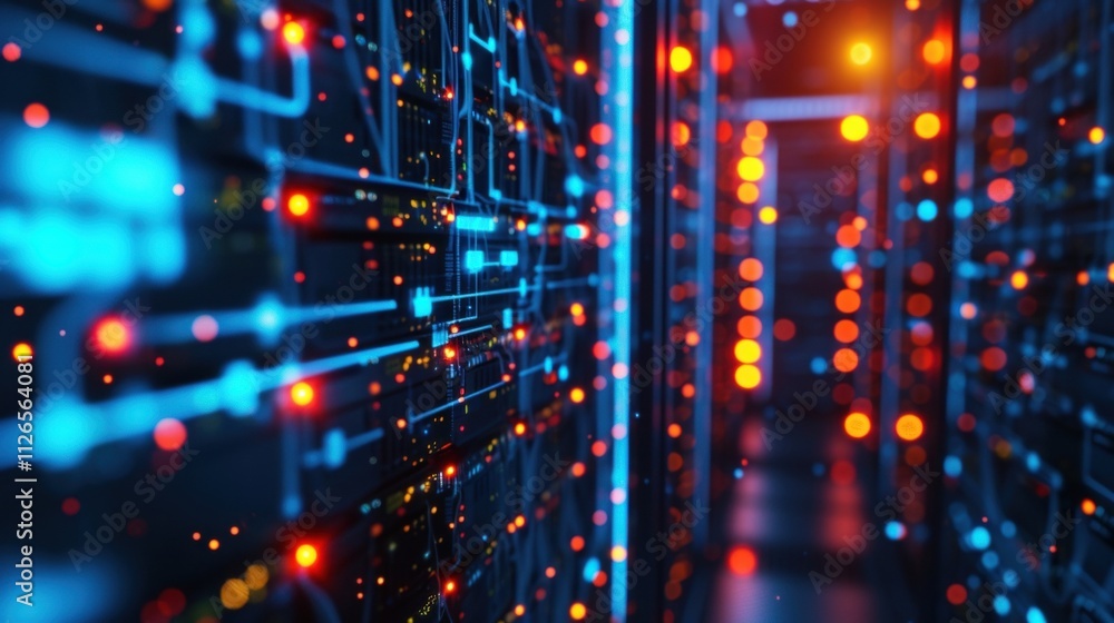 Poster complex network infrastructure powering data centers with glowing circuits and connections. represen