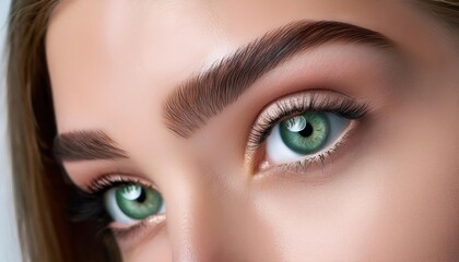 Obraz premium Close-up of vibrant green eyes with defined brows and natural makeup for beauty inspiration