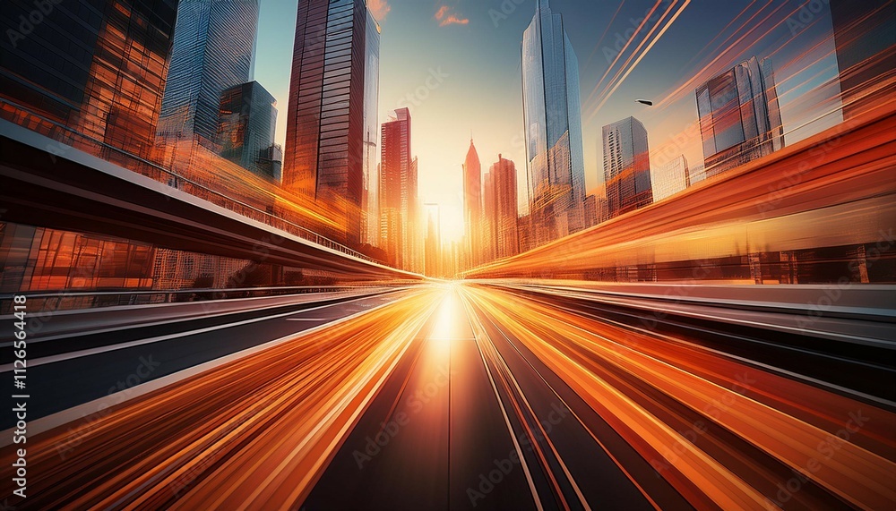 Poster abstract cityscape with motion blur in warm colors creating a dynamic urban vibe