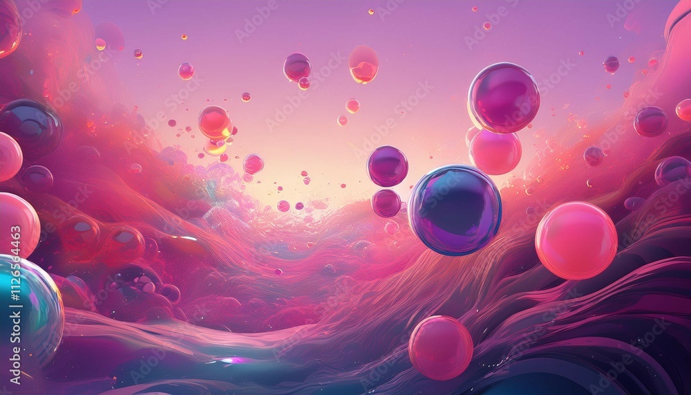 Poster floating bubbles in a pink and purple background creating a playful surreal visual