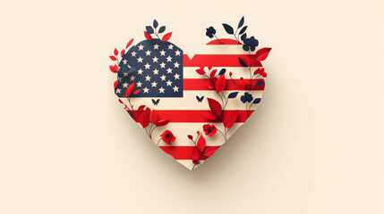 Obraz premium Patriotism in Patterns Heart-Shaped USA Flag Flowers and leaves around Design on Minimalist Background with Text Space