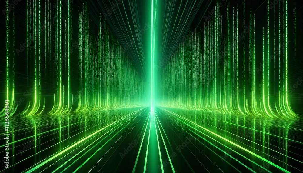 Poster green vertical light streaks reminiscent of a digital data flow or matrix like visual effect