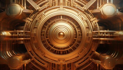 an intricate golden structure resembling an industrial machine or futuristic cityscape in warm metallic tones