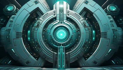 symmetrical futuristic structure with teal and dark gray tones resembling a sci fi control center or data core