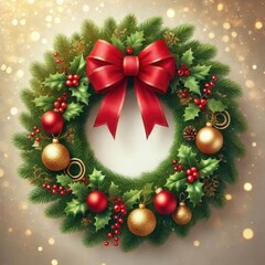 A festive Christmas wreath made of lush green pine branches decorated with red and gold ornaments, holly leaves, and a large red bow at the top. ai