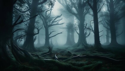 Obraz premium eerie misty forest with looming trees and ominous atmosphere dark spooky foggy mysterious creepy haunted wilderness