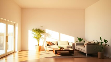 Fototapeta premium Sunlit Modern Living Room with Minimalist Furniture and Indoor Plants