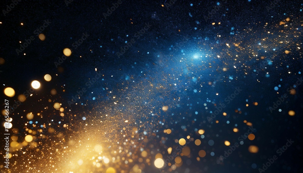 Poster golden and blue particles scatter across a dark background creating a starry and magical atmosphere
